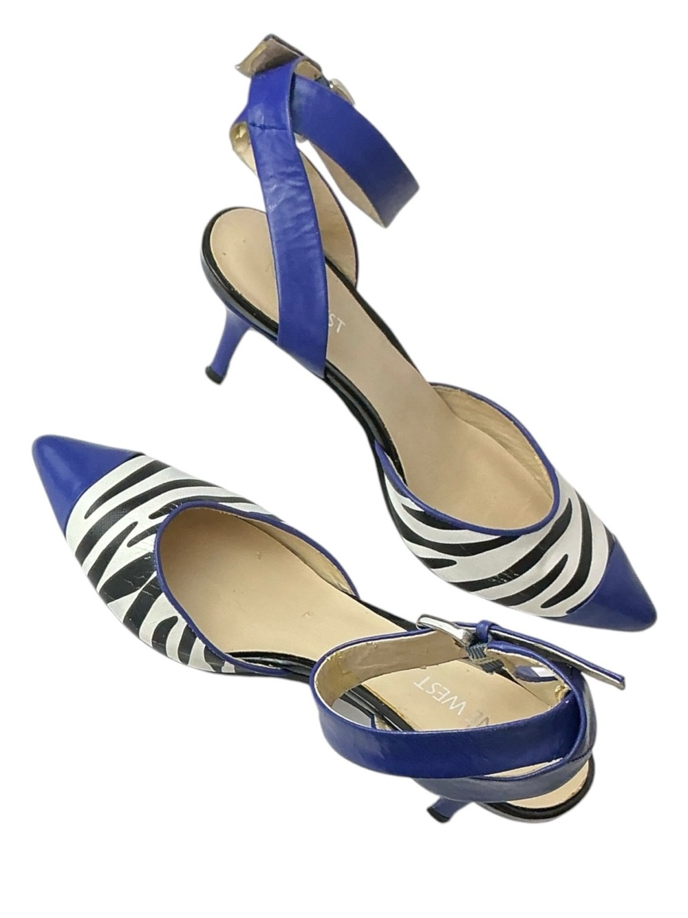 Nine West Zebra Print Pointed Toe Ankle Strap Pump 2” Kitten Heel Blue Black 6 - Picture 11 of 16